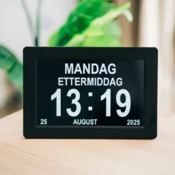 Lettleselig kalender-klokke 10″ – flere språk, sort